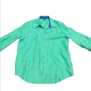 Lauren Ralph Lauren Linen Green Button Flip Cuff Shirt Women Large LRL Crest